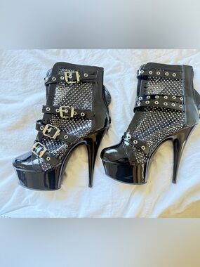 Pleaser Black Patent Mesh Platform Stiletto Buckle Booties
